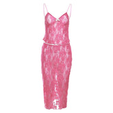 Lace see through v neck backless solid cami midi skirt set